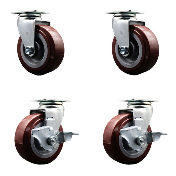 5 Inch Poly on Polyolefin Swivel Caster Set with Roller Bearings 2 Brakes SCC